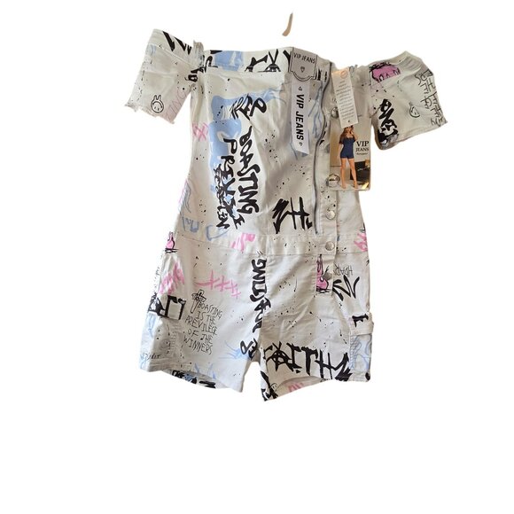 VIP Jeans Graffiti Print Romper Size 2x Women White & Multicolor Short Sleeve - Picture 12 of 12